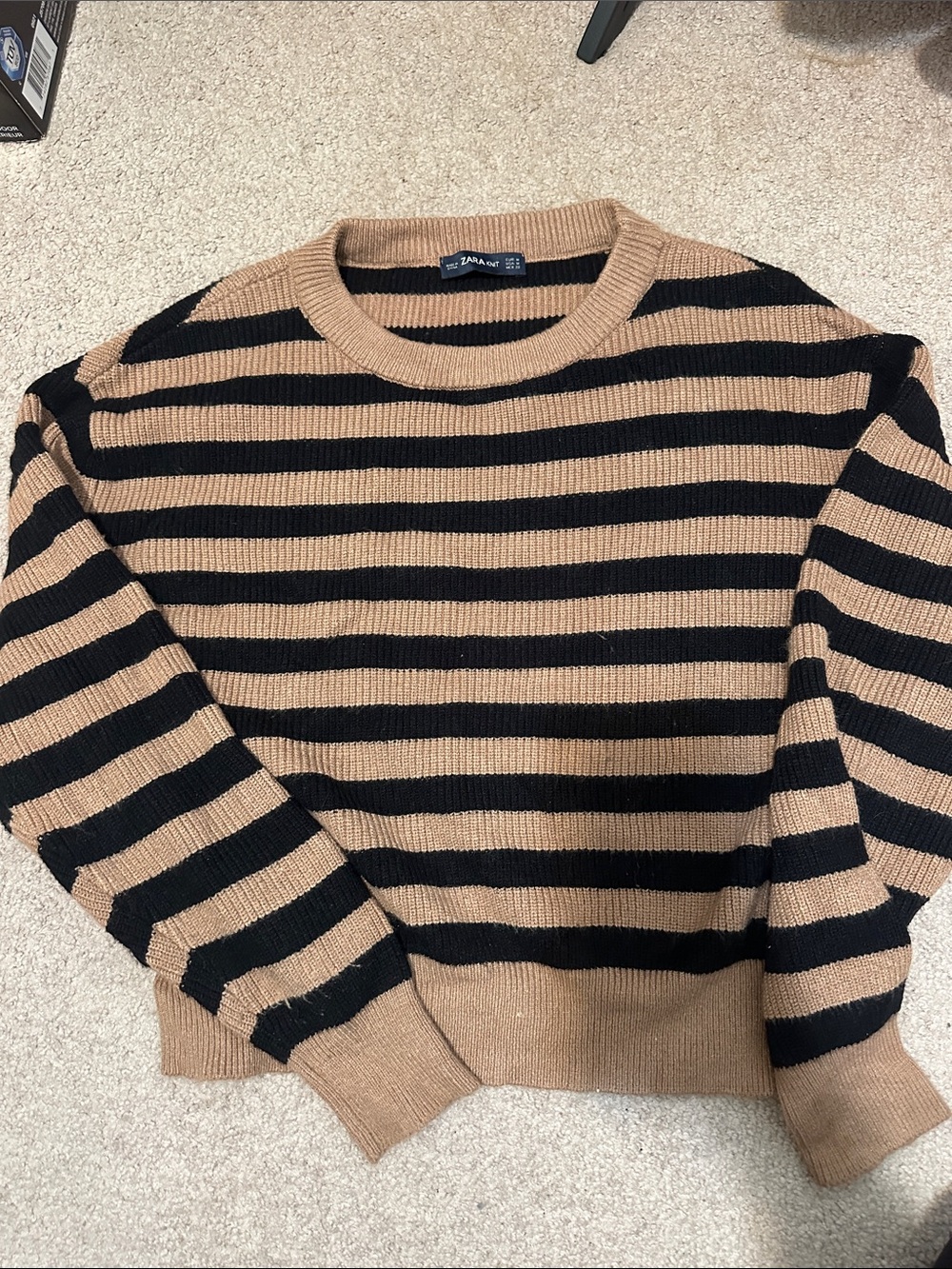 Zara Tan and Black Horizontal Stripe Crewneck Sweater